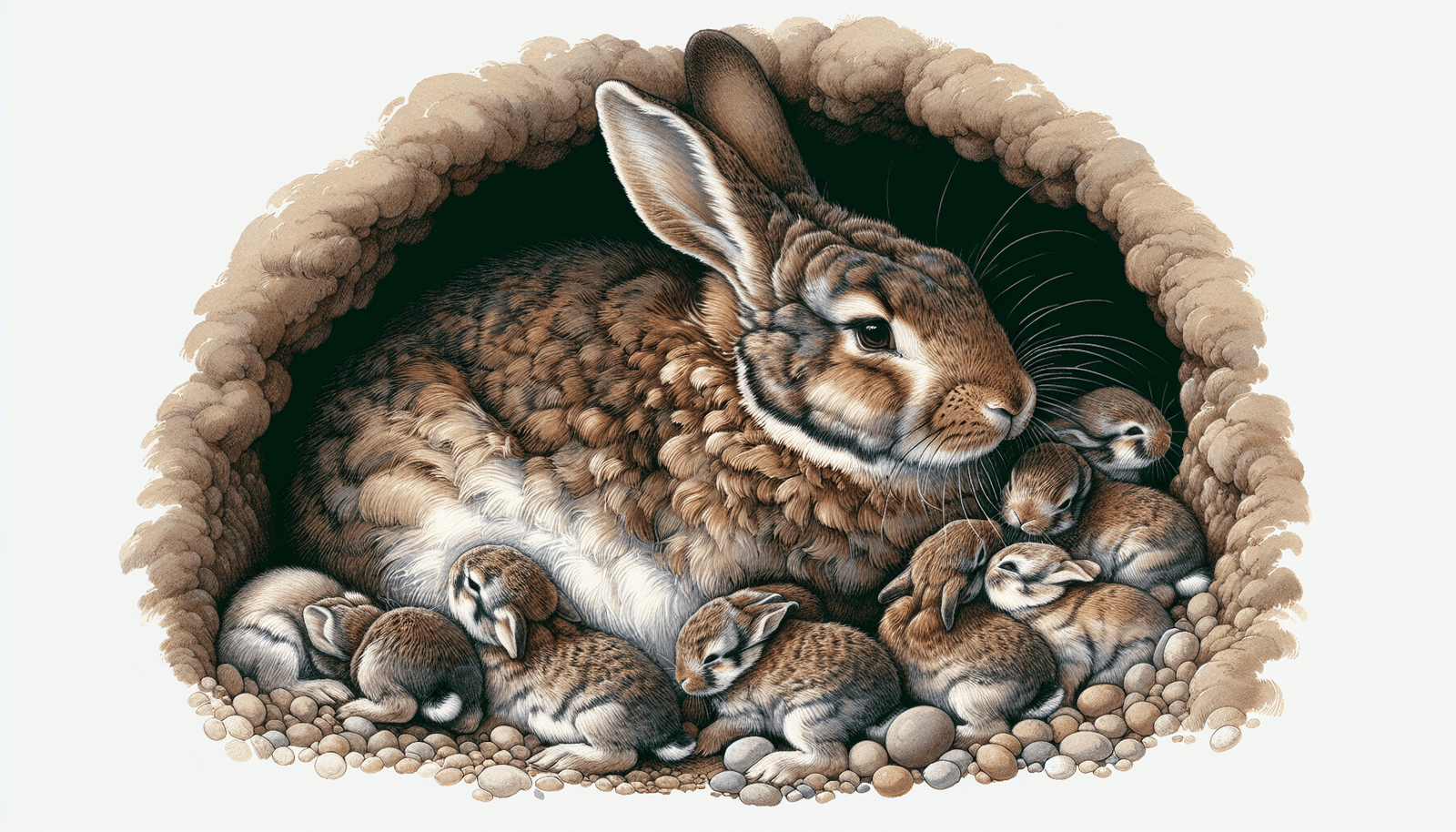 Illustration of a mother rabbit with her litter of kits