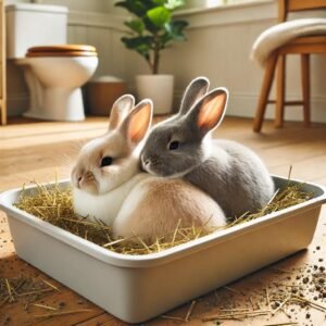 Two rabbits sharing a large litter box comfortably