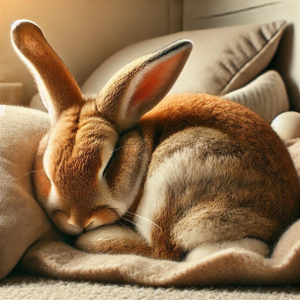 A rabbit curled up in a cozy ball with its head