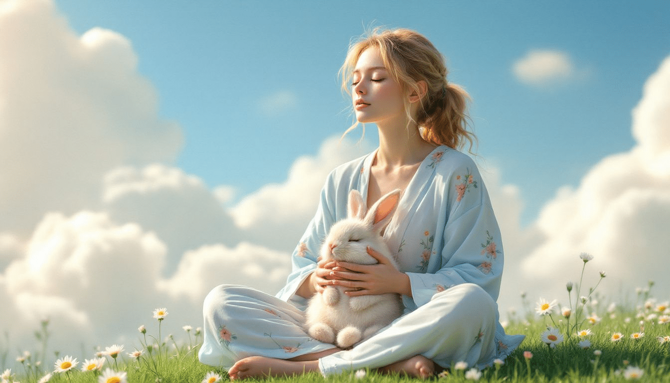 A person meditating with a bunny, representing the mental health benefits of emotional support animals.