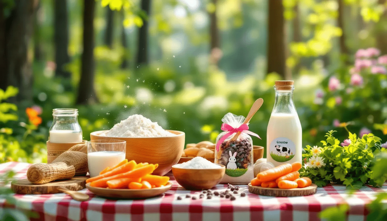 Essential ingredients for making bunny cookies arranged on a table.