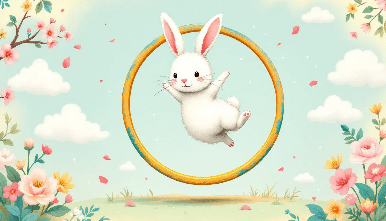 A rabbit jumping through a hoop, demonstrating its agility.