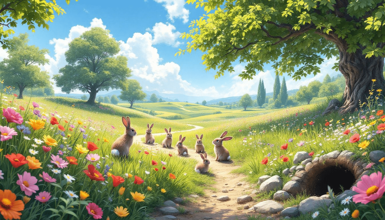 A serene landscape showcasing a natural habitat for wild rabbits.