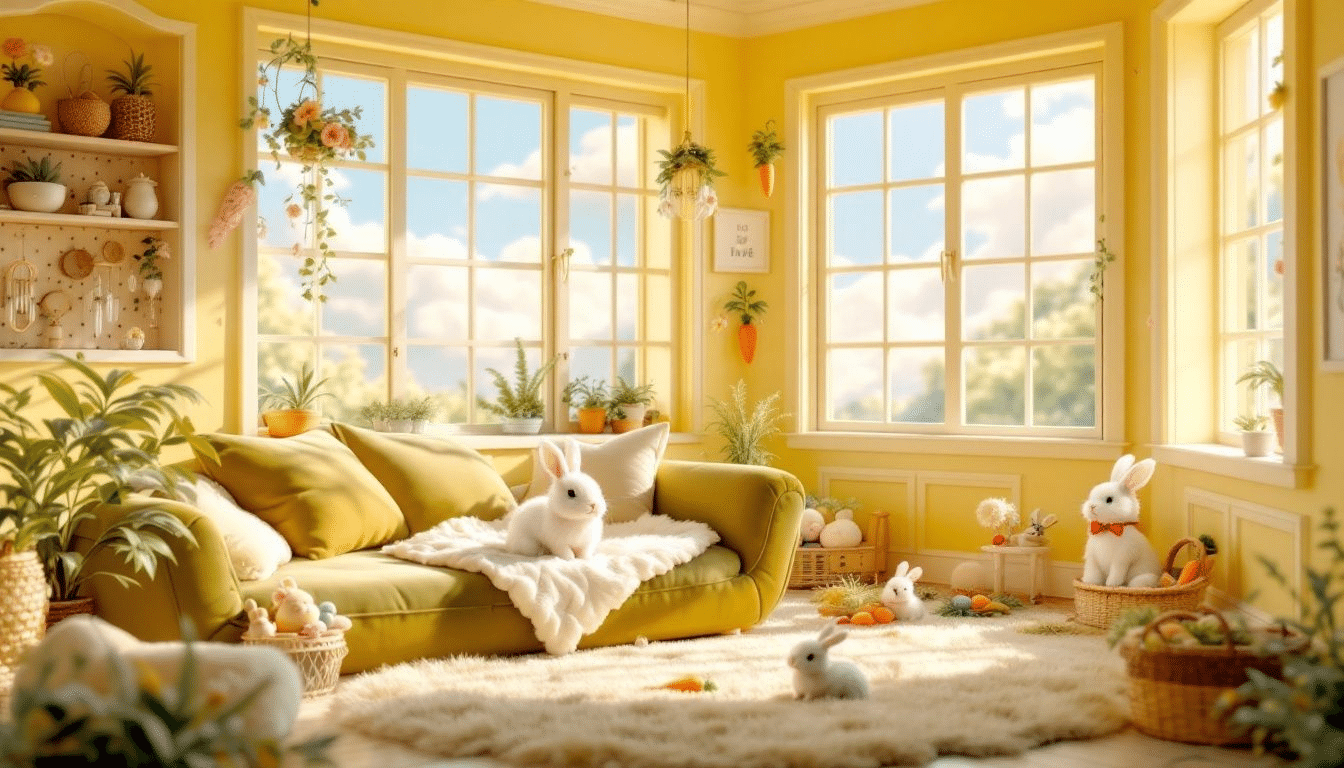 A cozy room prepared for a new pet rabbit with a soft bed and toys.