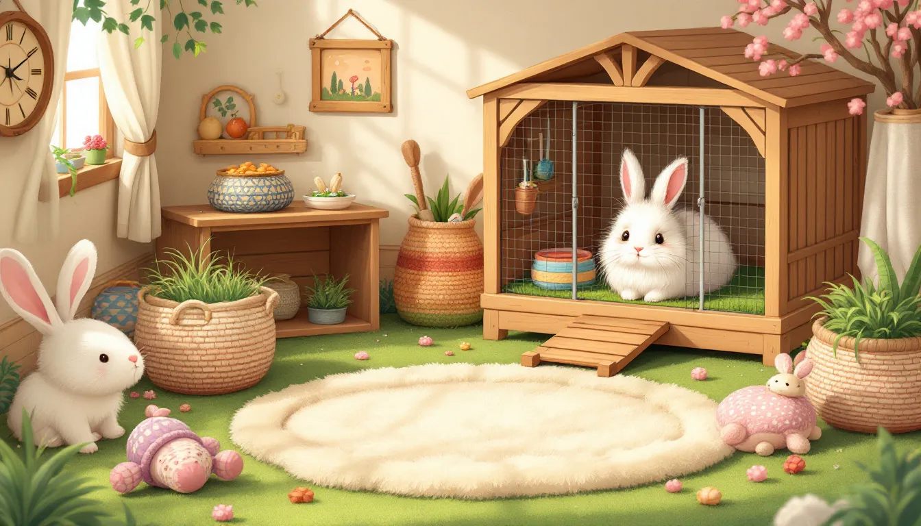 Indoor vs. outdoor living for rabbits, showcasing a cozy indoor rabbit setup.