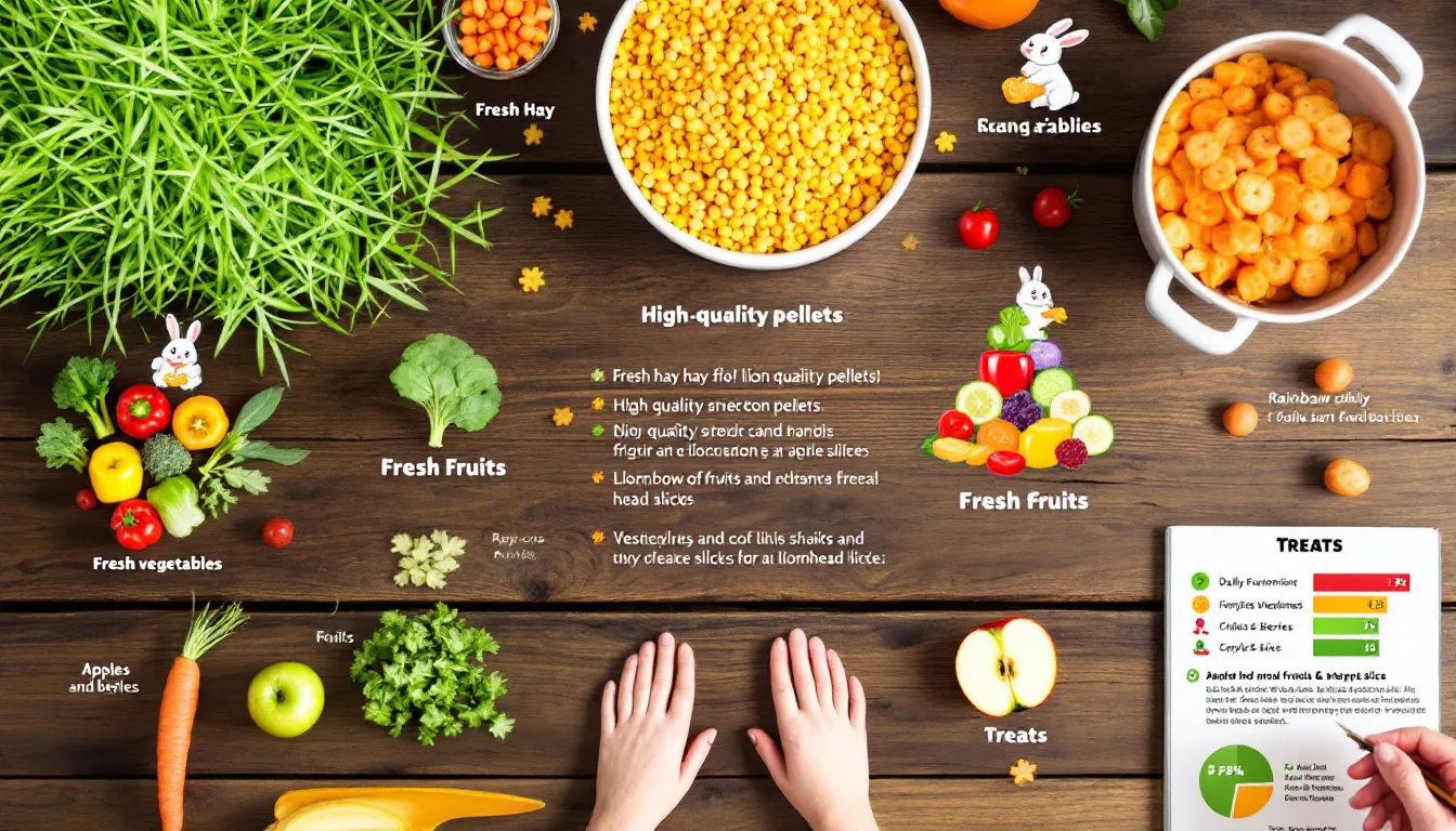 Essential components of a lionhead rabbit's diet displayed on a table.