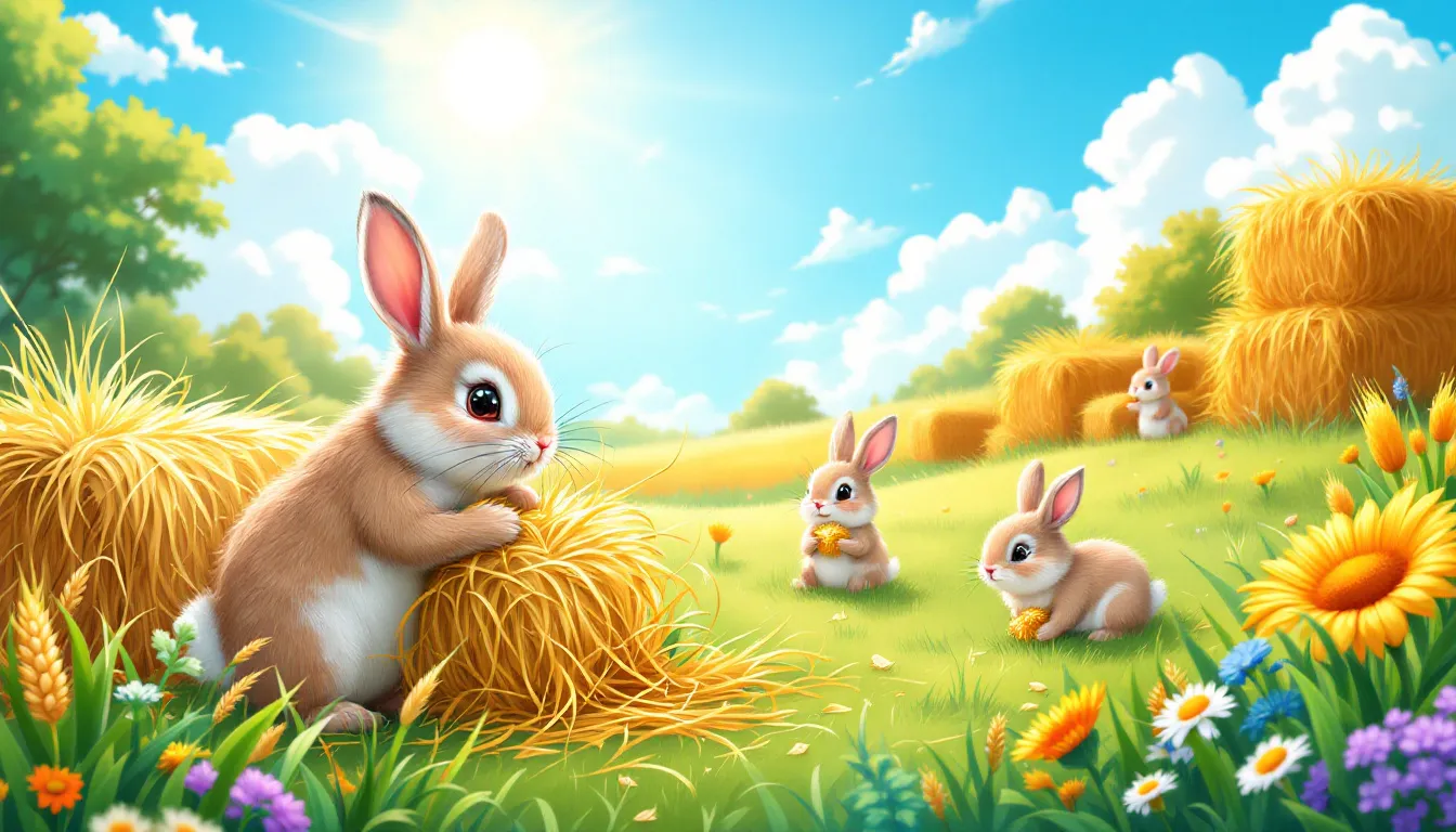 A variety of hay types essential for rabbits, including timothy and alfalfa hay.
