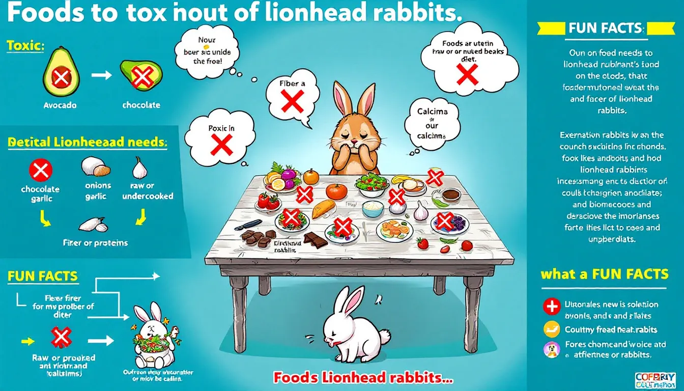 Foods to avoid feeding lionhead rabbits displayed on a table.