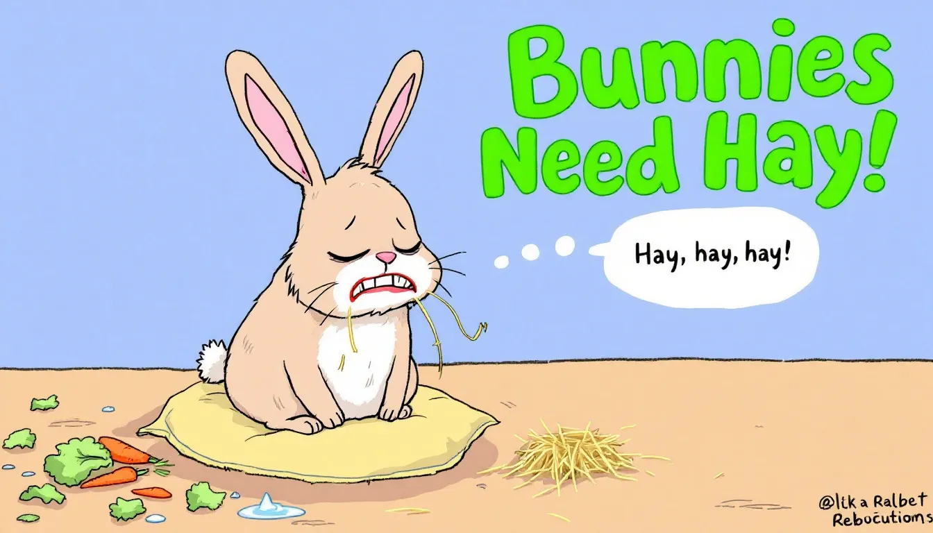 An unhealthy rabbit with dental issues, illustrating the health problems due to lack of hay.