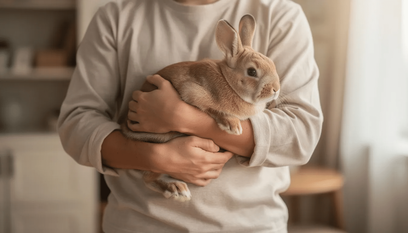 Person supporting a rabbit securely with both arms.