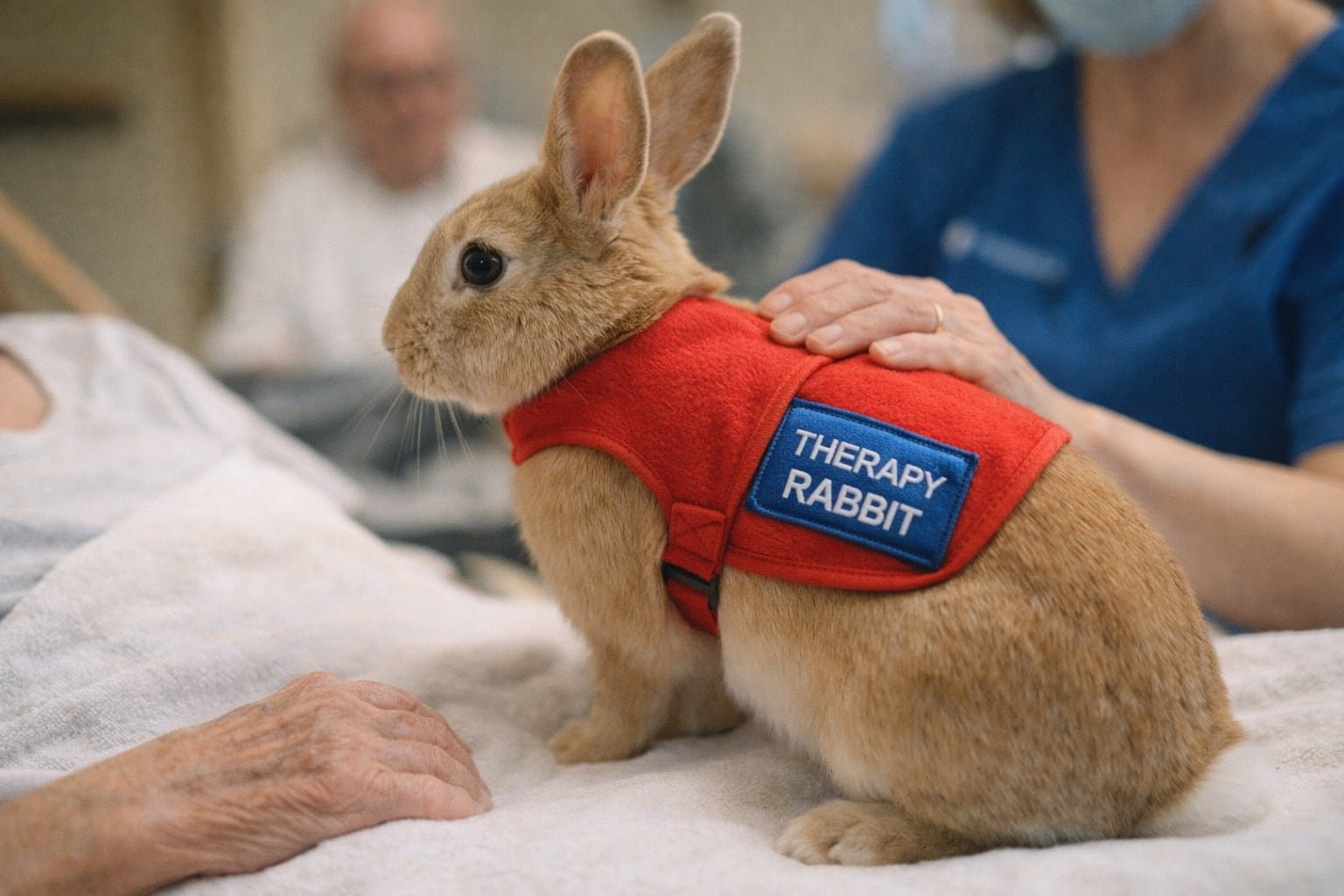 Therapy rabbit wearing a red vest on a patient’s lap during a hospital visit